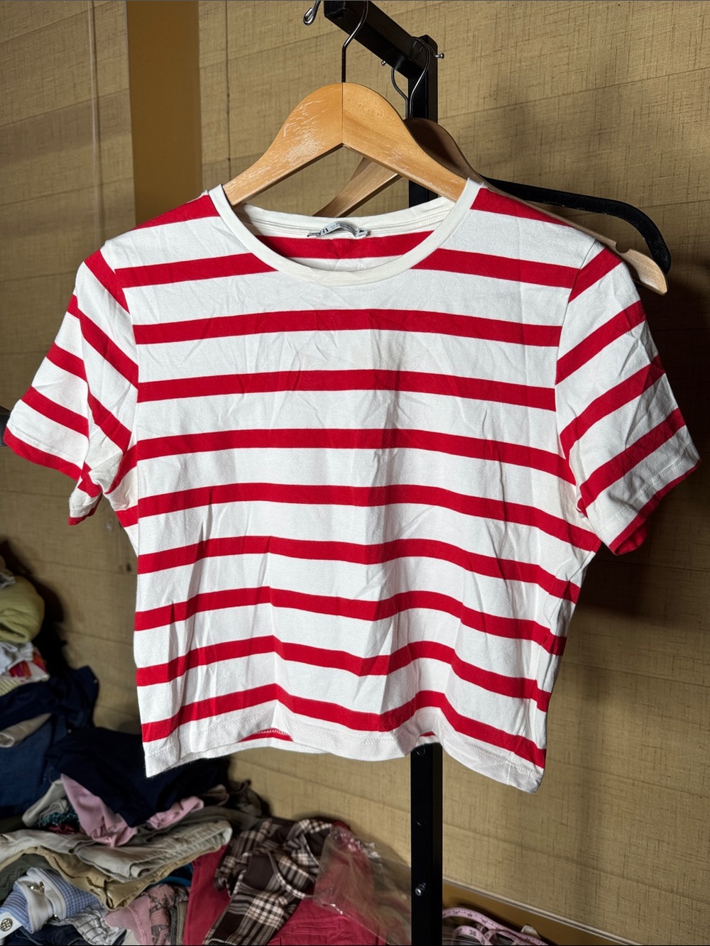 Zara Red White Striped Cropped Stretch Tee Size XL - Picture 2 of 5
